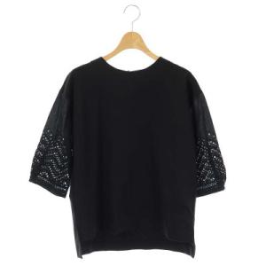 エンブロイダリーレース七分袖カットソー プルオーバー クルーネック カットワーク 刺繍 黒 ブラック