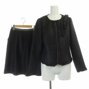 セットアップ 上下 リボンラインストーン ジャケット ノーカラー フレアスカート ひざ丈 9 黒 ブラック