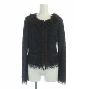 EPOCA スーツ セットアップ ラメ混ツイードジャケット×スカート ノーカラー タイト ひざ丈 40 紺 ネイビー