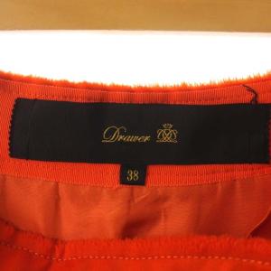 Drawer プリーツスカート 膝丈 フレア フリンジ ウール 38 オレンジ色