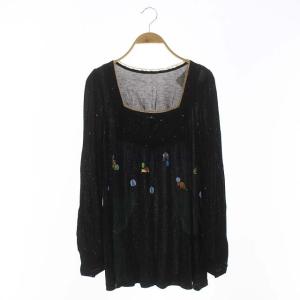 ブラック black 長袖チュニック 総柄 スクエアネック プルオーバー リボン キルティング レース M 黒 ブラック マルチカラー