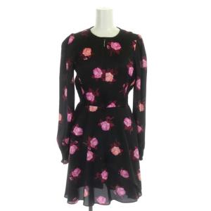 NJM00112 rose garden smocked satin dress ワンピース ミニ 長袖 花柄 00 黒 ピンク