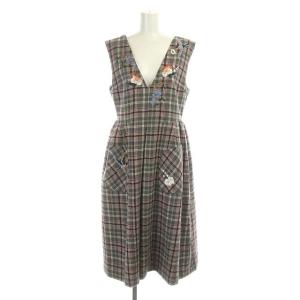 22AW 刺繍ジャンパースカート チェック ノースリーブ ロング 0 グレー ピンク 黒 ブラック