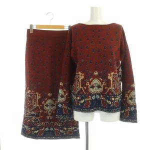 タイルジャカードニット セットアップ 上下 カットソー プルオーバー 長袖 タイトスカート ロング 赤 紺 レッド ネイビー