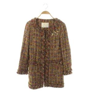 ツイードジャケット ノーカラージャケット ビジュー装飾 ミドル丈 モヘヤ混 38 マルチカラー