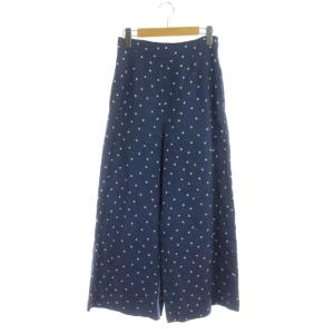 テレデランリネンドットワイドパンツ フレア イージー 総柄 S 青 ブルー オフホワイト
