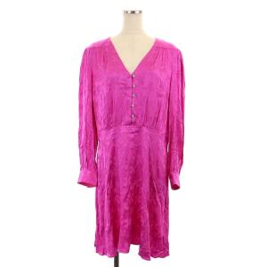 ジャガードドレス ワンピース Vネック 長袖 ひざ丈 ギャザー ジュエルボタン 12 ピンク NJM00128