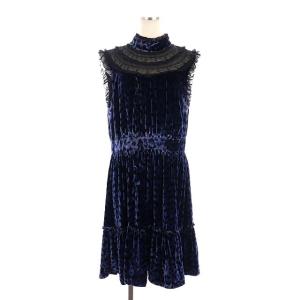 ノースリーブワンピース ティアード ロング レース切り替え ベロア ヒョウ柄 レオパード ギャザー フリル 10 青 ブルー