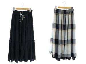 21SS パウダリーサテンスカート リバーシブル チェック フレア ギャザー ティアード ロング 36 紺 ネイビー マルチカラー