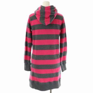 MARK&LONA ボーダー スカル パーカー ワンピース プルオーバー スウェット フード コットン タイト ひざ丈 長袖 S グレー ピンク