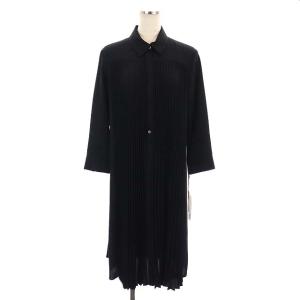22AW プリーツシャツドレス ワンピース ひざ丈 長袖 36 黒 白 ブラック ホワイト