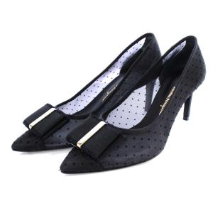 パンプス ポインテッドトゥ ヴァラ リボンモチーフ ドット メッシュ 23.5cm ブラック