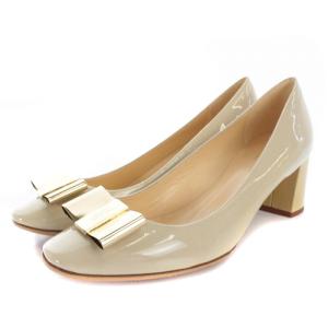 パンプス リボン エナメル 7M 24cm べージュ