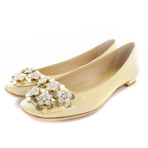 エナメル 装飾付きフラットシューズ スクエアトゥ 6.5 23.5cm クリーム色