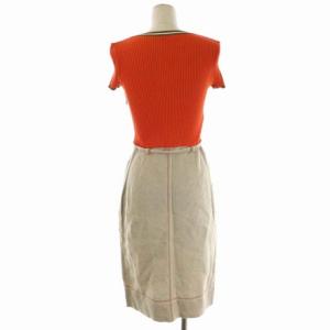 PAULE KA リブニットドッキングワンピース 膝丈 ニット 半袖 ベルト付き 36 オレンジ ベージュ カーキ 白 ホワイト