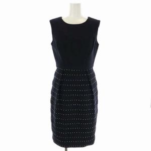 ドットボーダーJQOP ワンピース 膝丈 ノースリーブ 36 紺 白 ホワイト ネイビー