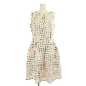 ゴールドレーベル ノースリーブレースワンピース 膝丈 フレア Vネック タック 4 オフホワイト マルチカラー