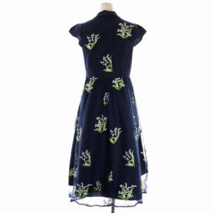 Chesty 22SS すずらんチュールワンピース ロング フレア フレンチスリーブ 花刺繍 総柄 0 紺 ネイビー 白 ホワイト 緑 グリーン