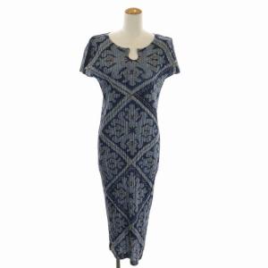 PLEATS PLEASE ISSEY MIYAKE セットアップ デニム総柄プリントプリーツカーディガン ワンピース 3 4 紺