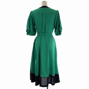 Grace Class リネンタッチ バイカラーワンピース フロントボタン フレア ミモレ丈 ロング パフスリーブ 五分袖 金ボタン 38 緑 紺