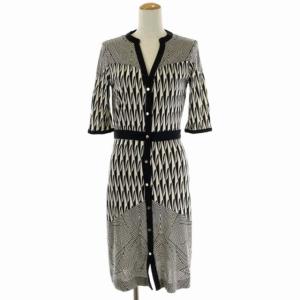 FIONA 幾何学柄フロントボタン ワンピース シルク セミフレア ひざ丈 五分袖 4 ライトベージュ 黒 ブラック