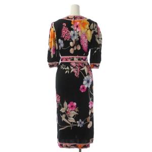LEONARD FASHION カンカン素材フラワープリントワンピース L 黒 