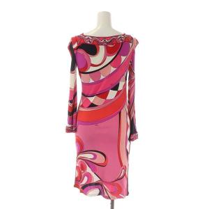 Emilio Pucci プッチ柄 スクエアネックワンピース 長袖 ひざ丈 タイト 総柄 I38 ピンク 黒 紫 白