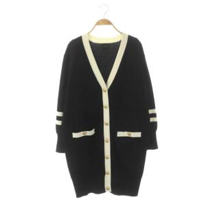 22AW ラインロングカーディガン ニット 長袖 Vネック 金ボタン ウール混 黒 ブラック