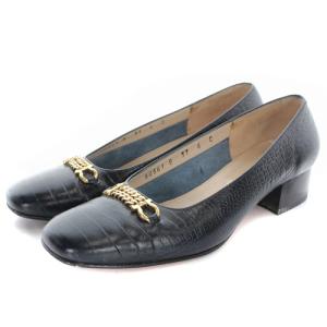 ガンチーニ 型押しレザー パンプス ローヒール スクエアトゥ 6 23.5cm 紺 ネイビー