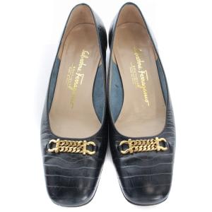 Salvatore Ferragamo ガンチーニ 型押しレザー パンプス ローヒール スクエアトゥ 6 23.5cm 紺 ネイビー