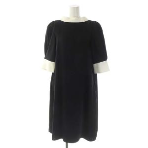 22AW Aラインボウタイワンピース 膝丈 五分袖 36 黒 白 ホワイト ブラック