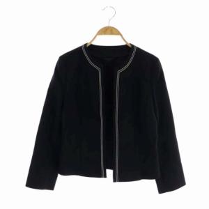 ステッチ ノーカラージャケット リネン混 38 紺 白 ネイビー ホワイト