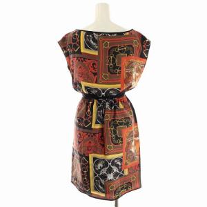 ANAYI スカーフ柄ワンピース シルク ノースリーブ 台形 ギャザー ミニ ベルトリボン ラウンドネック 36 茶 ブラウン マルチカラー