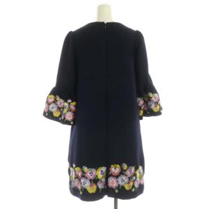 Chesty ワンピース フラワー刺繍 フレアスリーブ ミモレ丈  七分袖 0 ネイビー 紺