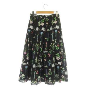 franche lippée Cherir la femme ガーデニング丈長スカート フレアスカート ロング タック ボタニカル柄 M ブラック マルチカラー