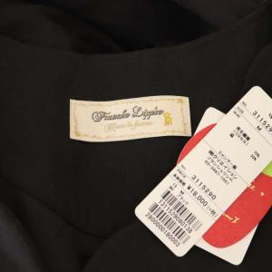 franche lippée ゆったりもくもくワンピース ミモレ丈 ロング スカラップ 七分袖 リネン混 リボンベルト付き M 黒 ブラック