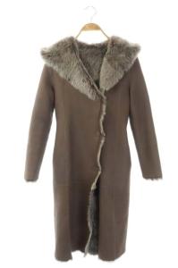 ESTNATION ラムレザーコート ムートンコート アウター リバーシブル ロング フード 36 茶 ブラウン