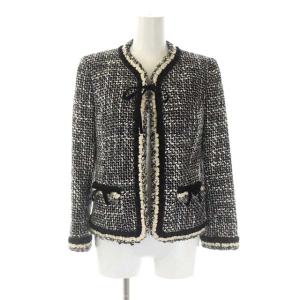 René スーツ セットアップ 上下 ツイード ノーカラージャケット 総裏地 リボン 台形スカート 膝丈 フラワーモチーフ 34 36