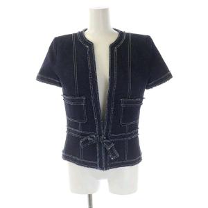 René セットアップ 上下 デニム ノーカラージャケット 半袖 リボンブローチ フレアスカート タック 膝丈 花柄 34 36 紺