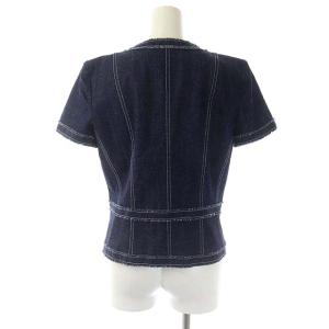 René セットアップ 上下 デニム ノーカラージャケット 半袖 リボンブローチ フレアスカート タック 膝丈 花柄 34 36 紺