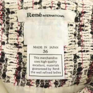 René ワンピース ツイード フレンチスリーブ 台形 膝丈 ラウンドネック 36 オフホワイト 黒 赤 ブラック レッド