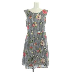 POTTED FLOWERS ドレス ワンピース ロング ノースリーブ 台形 ギンガムチェック 花柄刺繍 4 黒 白 マルチカラー