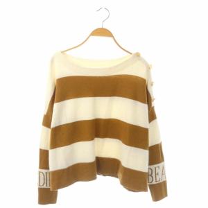 22AW ワイドボーダーニットトップ セーター プルオーバー 長袖 ロゴ 36 オフホワイト キャメル