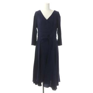 18SS ベルト付きフレアーワンピース ロング 九分袖 36 紺 ネイビー