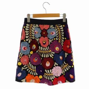 GRACE CONTINENTAL マルチ刺繍ミニスカート 台形 総柄 36 黒 マルチカラー ブラック