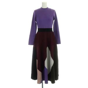 プリーツニットワンピース ロング フレア 長袖 ボトルネック 36 マルチカラー