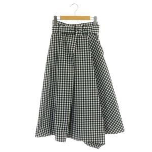 チェックレイヤードフレアスカート ミモレ丈 膝丈 ベルト付き 36 黒 白 ブラック ホワイト