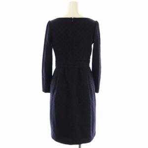 TOCCA SMALL CANDY ドレスワンピース 膝丈 長袖 ボートネック 総柄 タック ウール 00 紺 ネイビー