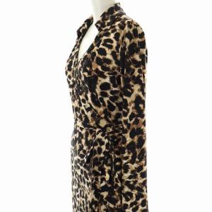 Calvin Klein レオパードラップワンピース 膝丈 長袖 総柄 6 ベージュ 茶色 ブラウン 黒 ブラック
