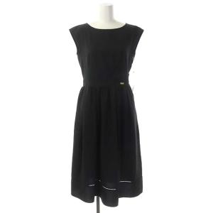 リラックスツイルワンピース ノースリーブ フレア タック 膝丈 バックリボン チェック ボートネック 36 黒 ブラック